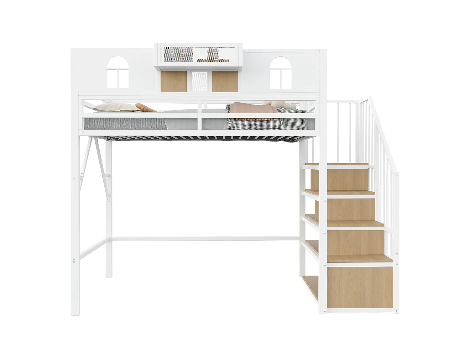 Hochbett für Kinder 90 x 200 cm mit Leiter und Stauraum, LED-Beleuchtung - MDF + Metall - Weiß (Matratze nicht im Lieferumfang enthalten)