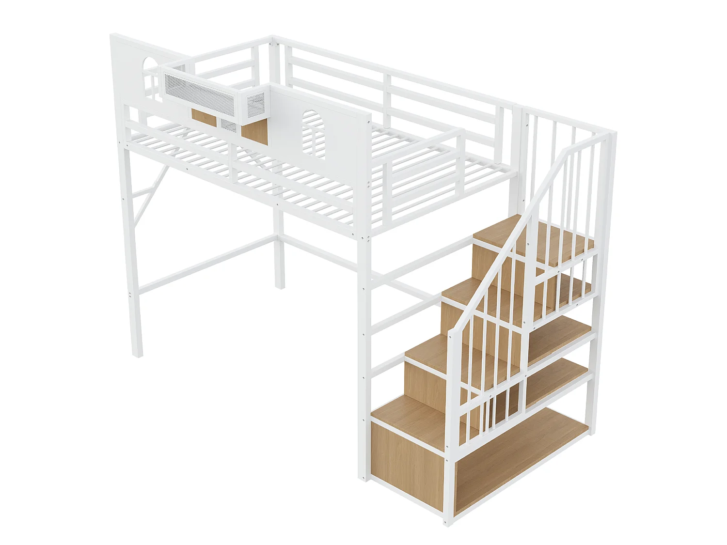 Hochbett für Kinder 90 x 200 cm mit Leiter und Stauraum, LED-Beleuchtung - MDF + Metall - Weiß (Matratze nicht im Lieferumfang enthalten)