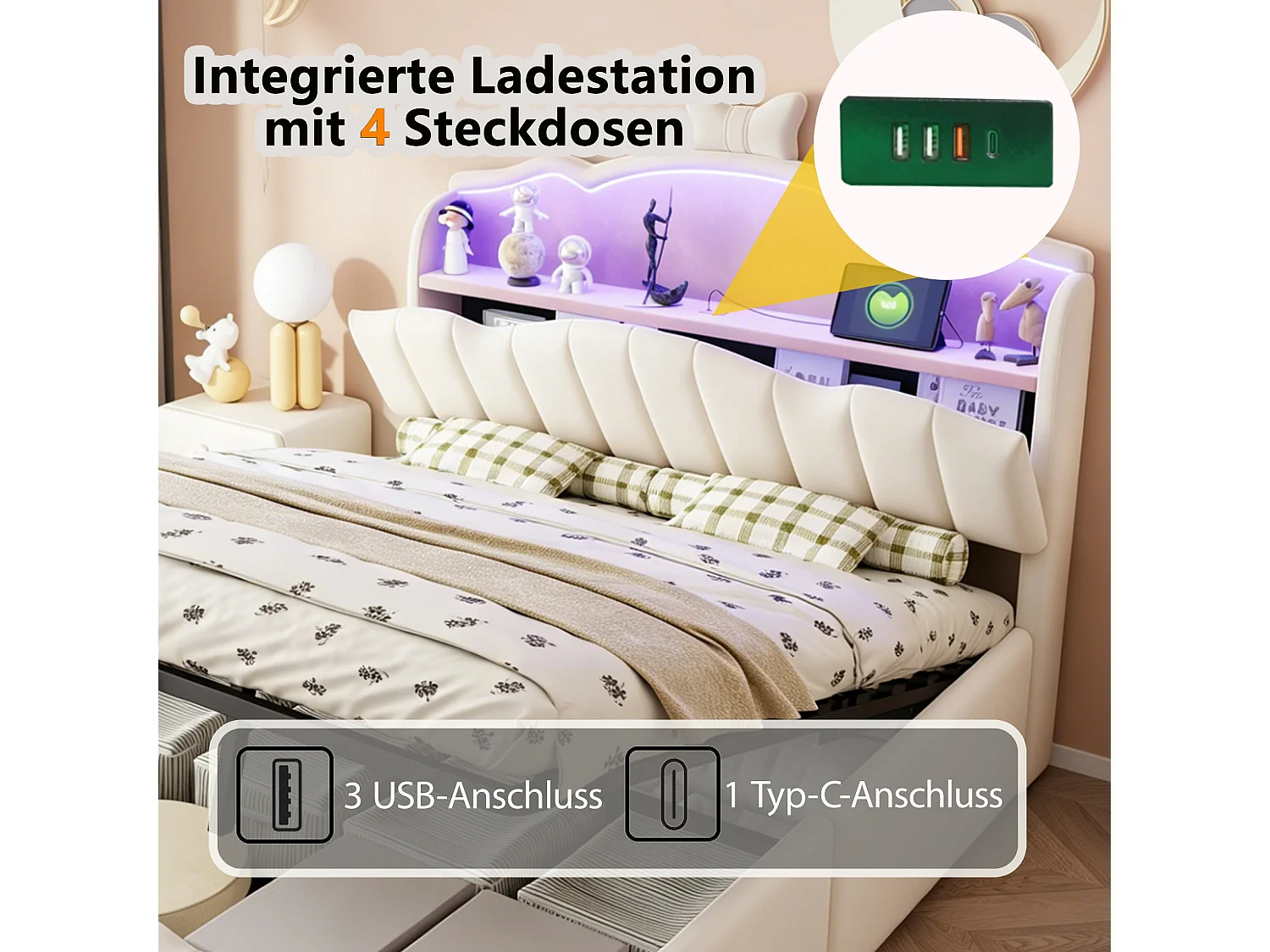 140 x 200 cm säng med förvaring och öppningsbar huvudgavel, USB- och USB-C-portar, LED-belysning - Sammet + MDF + metall - Beige (Madrass ingår ej)