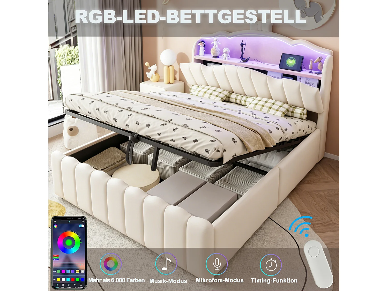 140 x 200 cm säng med förvaring och öppningsbar huvudgavel, USB- och USB-C-portar, LED-belysning - Sammet + MDF + metall - Beige (Madrass ingår ej)