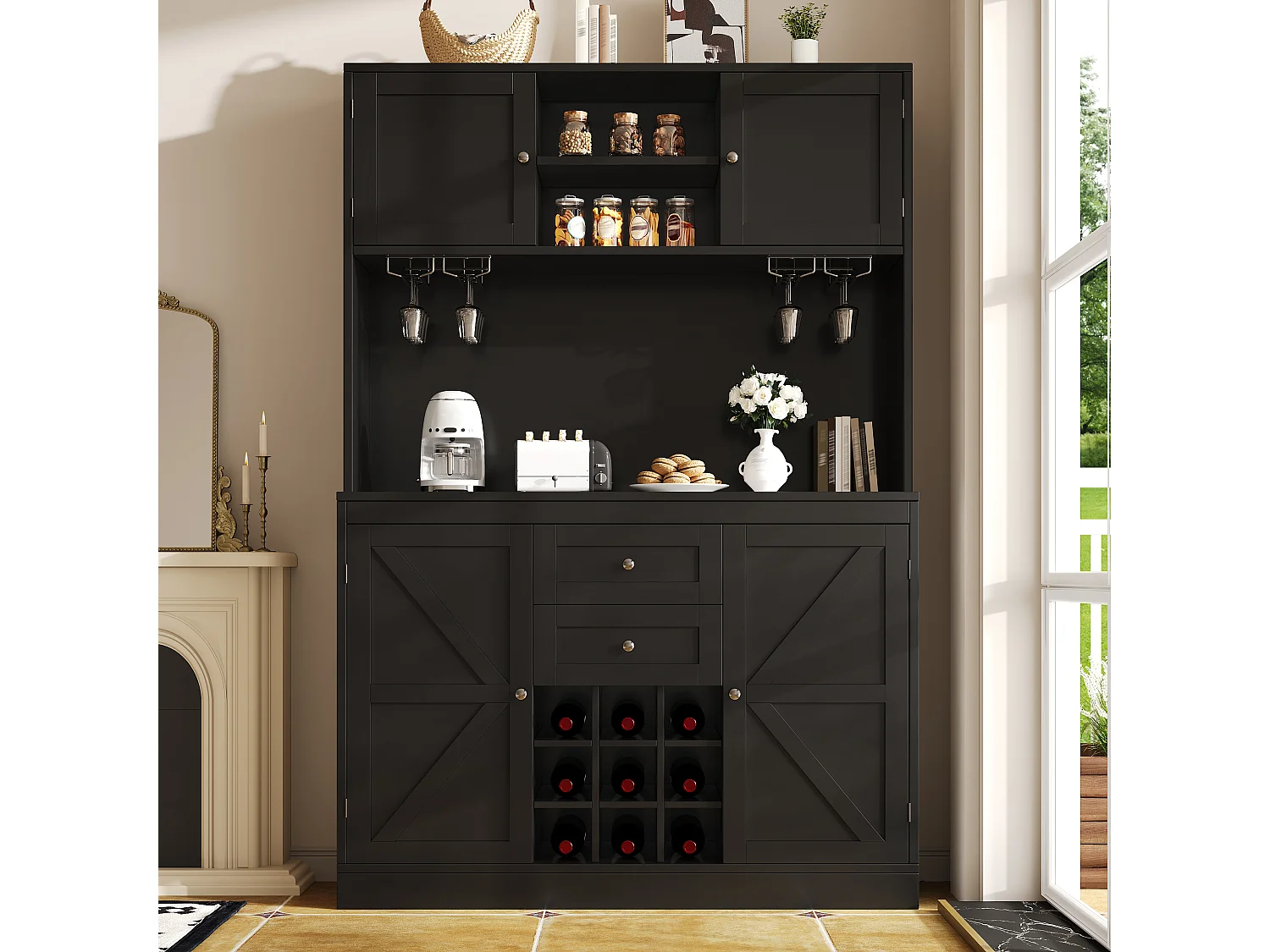 Buffet de cuisine haut avec 4 portes, 2 tiroirs et casier à vin 9 bouteuilles - 120 x 40 x 188 cm - MDF - Pour cuisine ou salon - Noir