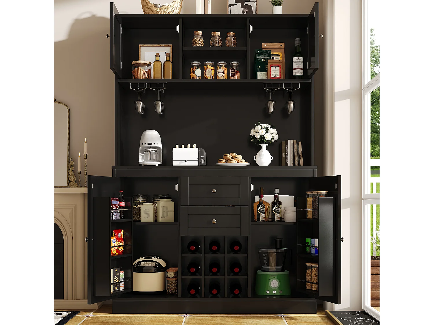 Buffet de cuisine haut avec 4 portes, 2 tiroirs et casier à vin 9 bouteuilles - 120 x 40 x 188 cm - MDF - Pour cuisine ou salon - Noir