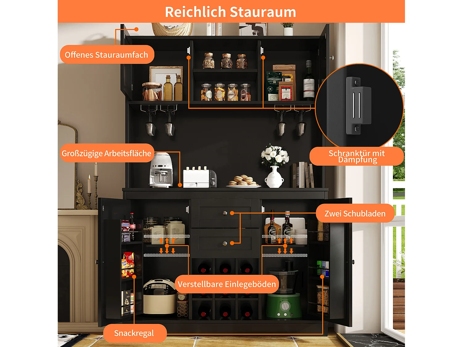 Buffet de cuisine haut avec 4 portes, 2 tiroirs et casier à vin 9 bouteuilles - 120 x 40 x 188 cm - MDF - Pour cuisine ou salon - Noir