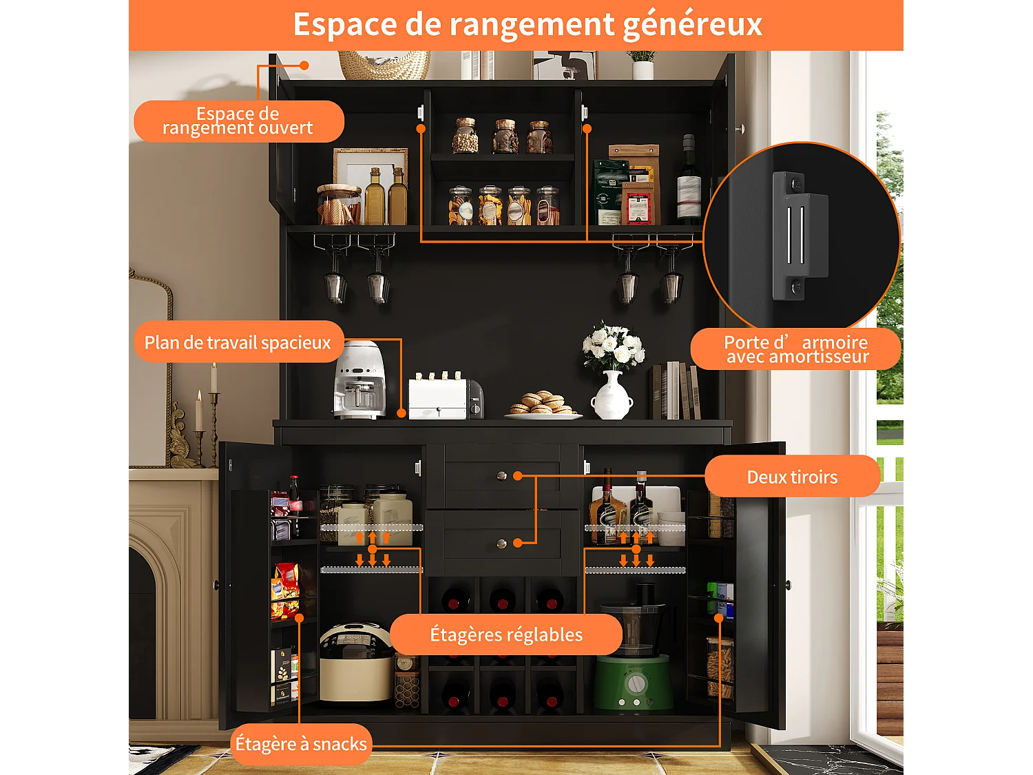 Buffet de cuisine haut avec 4 portes, 2 tiroirs et casier à vin 9 bouteuilles - 120 x 40 x 188 cm - MDF - Pour cuisine ou salon - Noir