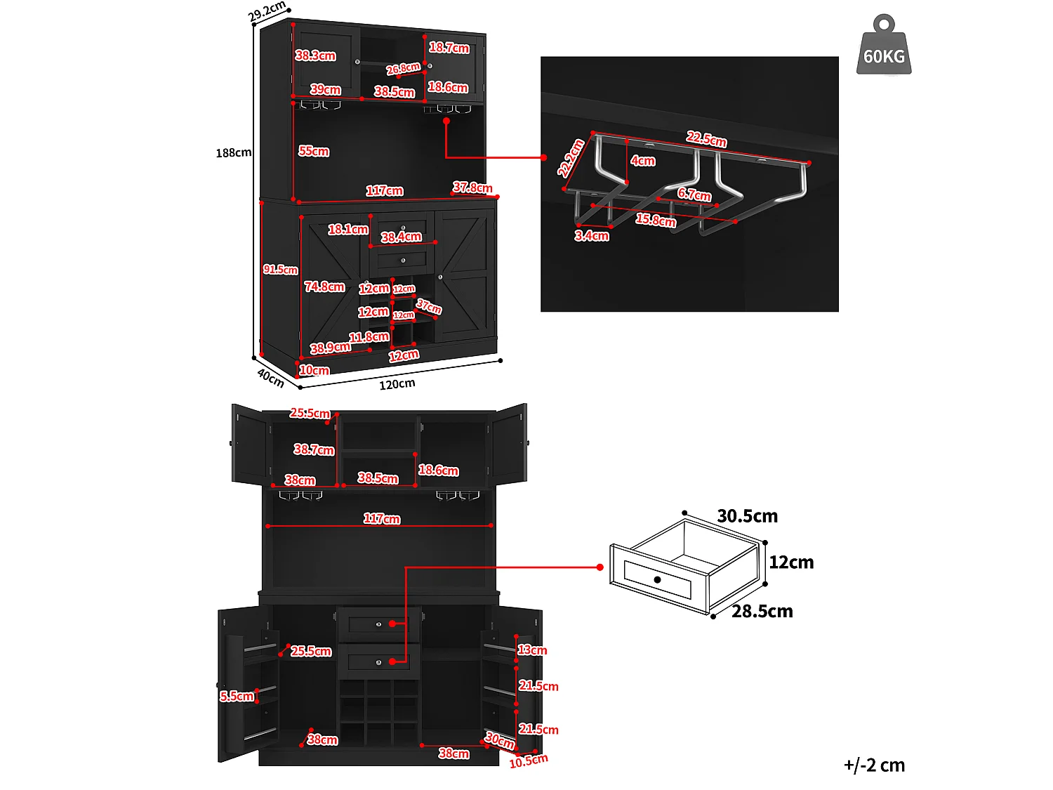 Buffet de cuisine haut avec 4 portes, 2 tiroirs et casier à vin 9 bouteuilles - 120 x 40 x 188 cm - MDF - Pour cuisine ou salon - Noir