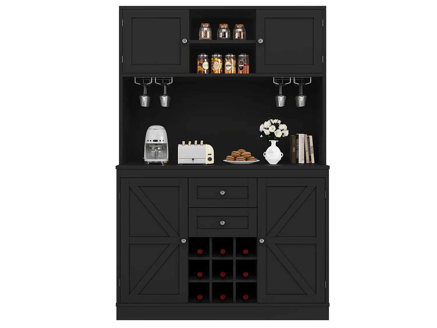 Buffet de cuisine haut avec 4 portes, 2 tiroirs et casier à vin 9 bouteuilles - 120 x 40 x 188 cm - MDF - Pour cuisine ou salon - Noir