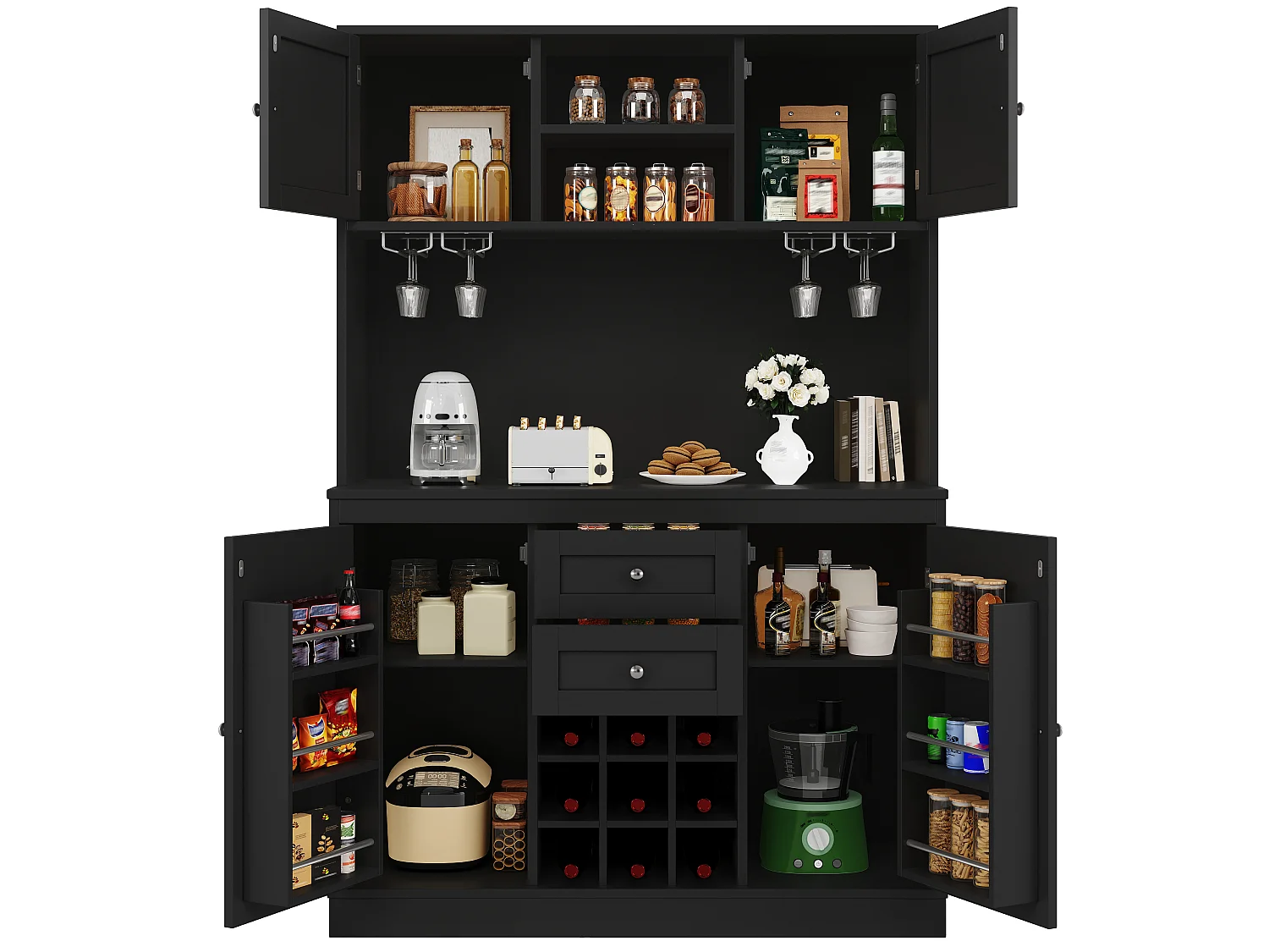 Buffet de cuisine haut avec 4 portes, 2 tiroirs et casier à vin 9 bouteuilles - 120 x 40 x 188 cm - MDF - Pour cuisine ou salon - Noir