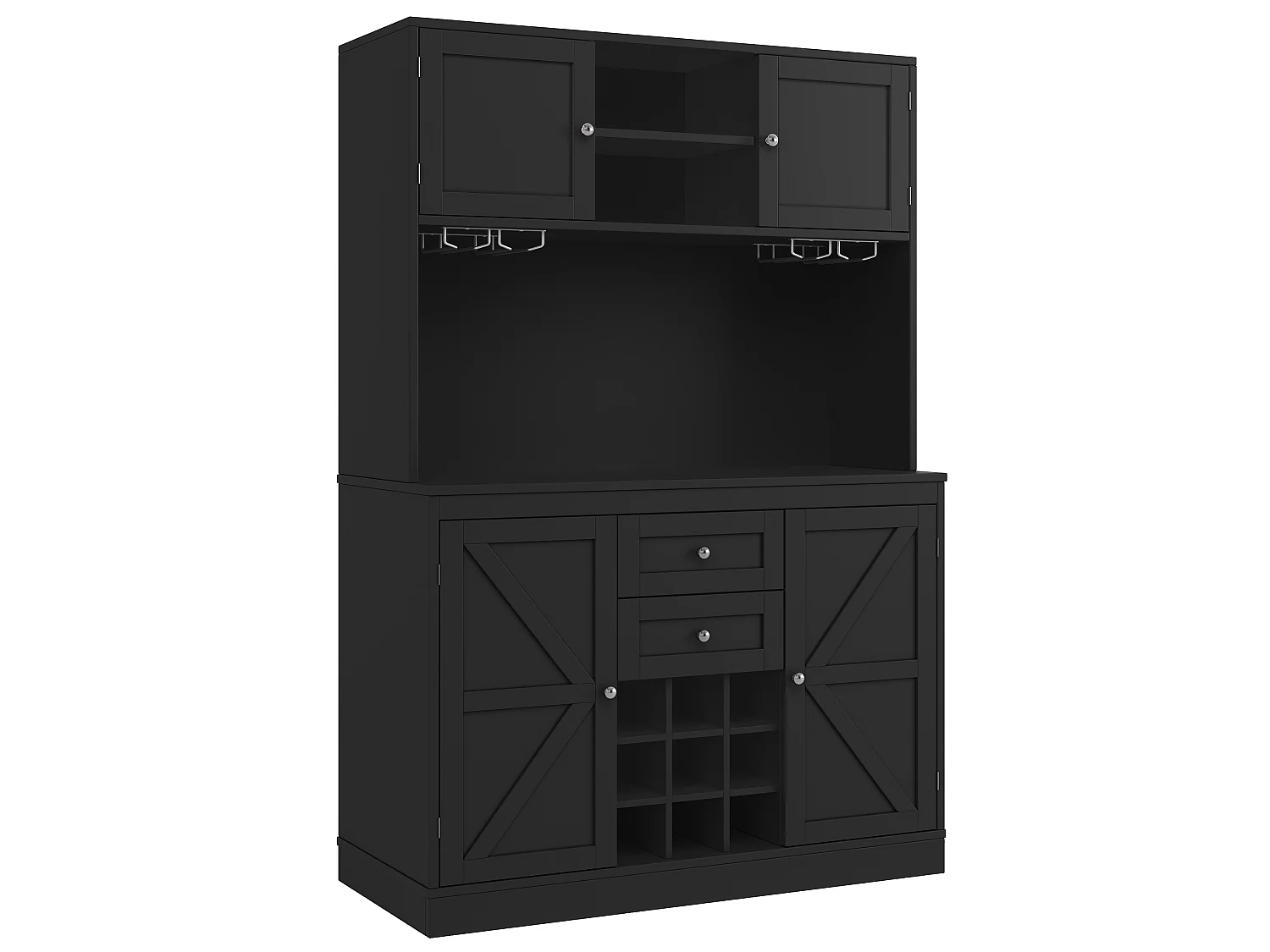 Buffet de cuisine haut avec 4 portes, 2 tiroirs et casier à vin 9 bouteuilles - 120 x 40 x 188 cm - MDF - Pour cuisine ou salon - Noir