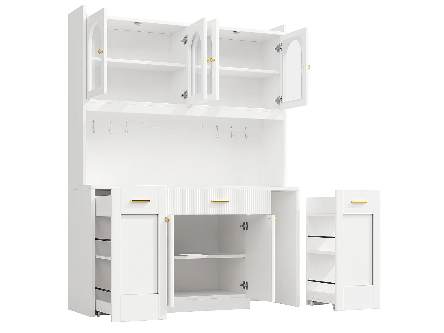Hoog keukendressoir met ledverlichting, 6 deuren en dubbelzijdige schuifplanken - MDF, glas en metaal - 120 × 40 × 187 cm - Wit