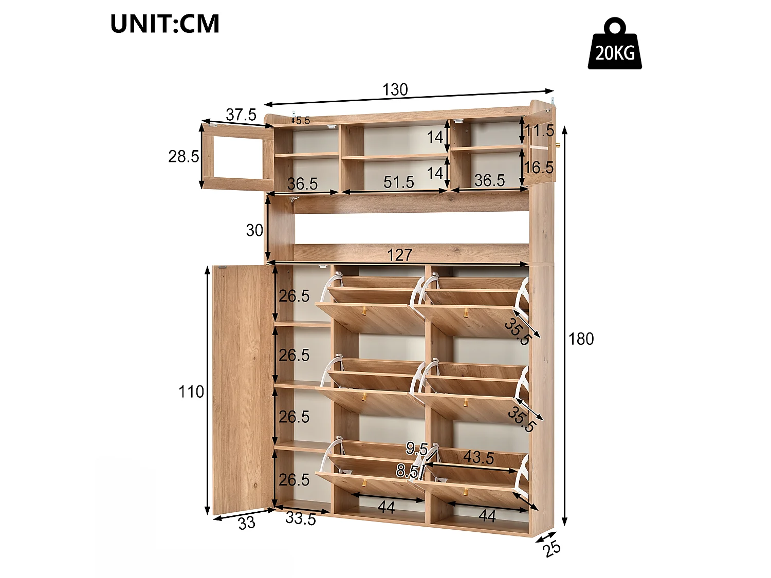 Meuble à chaussures avec LED et 6 portes abattantes - Naturel clair 130 x 25 x 180 cm