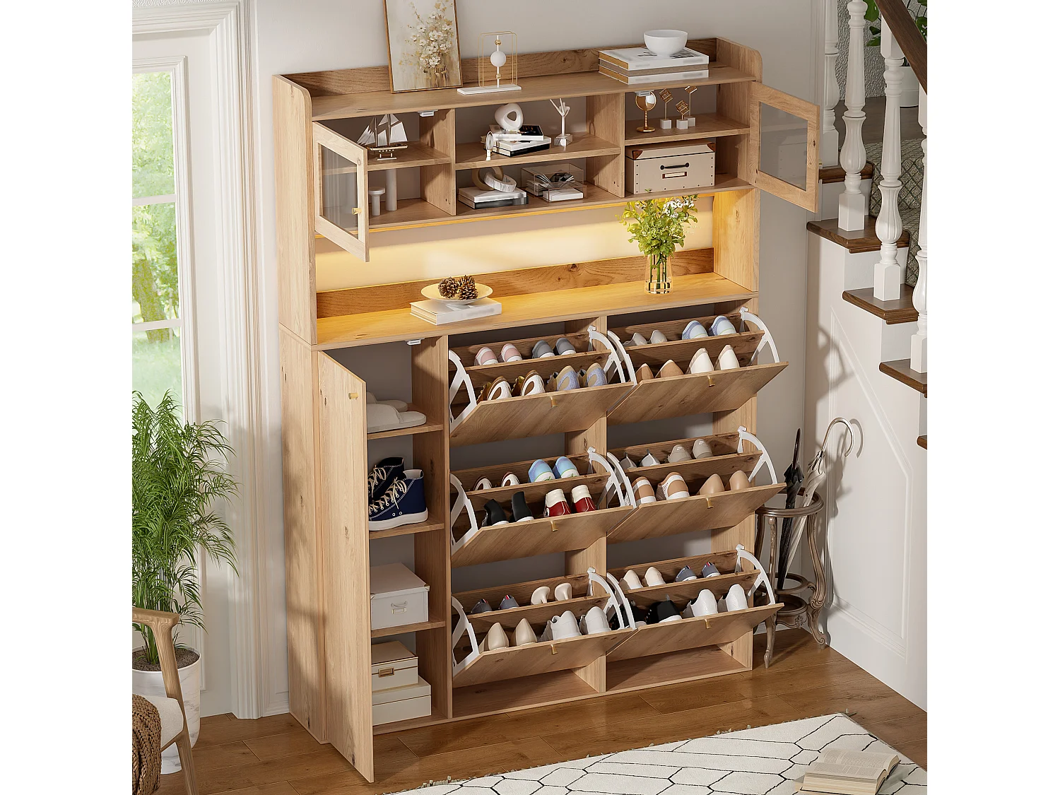 Meuble à chaussures avec LED et 6 portes abattantes - Naturel clair 130 x 25 x 180 cm