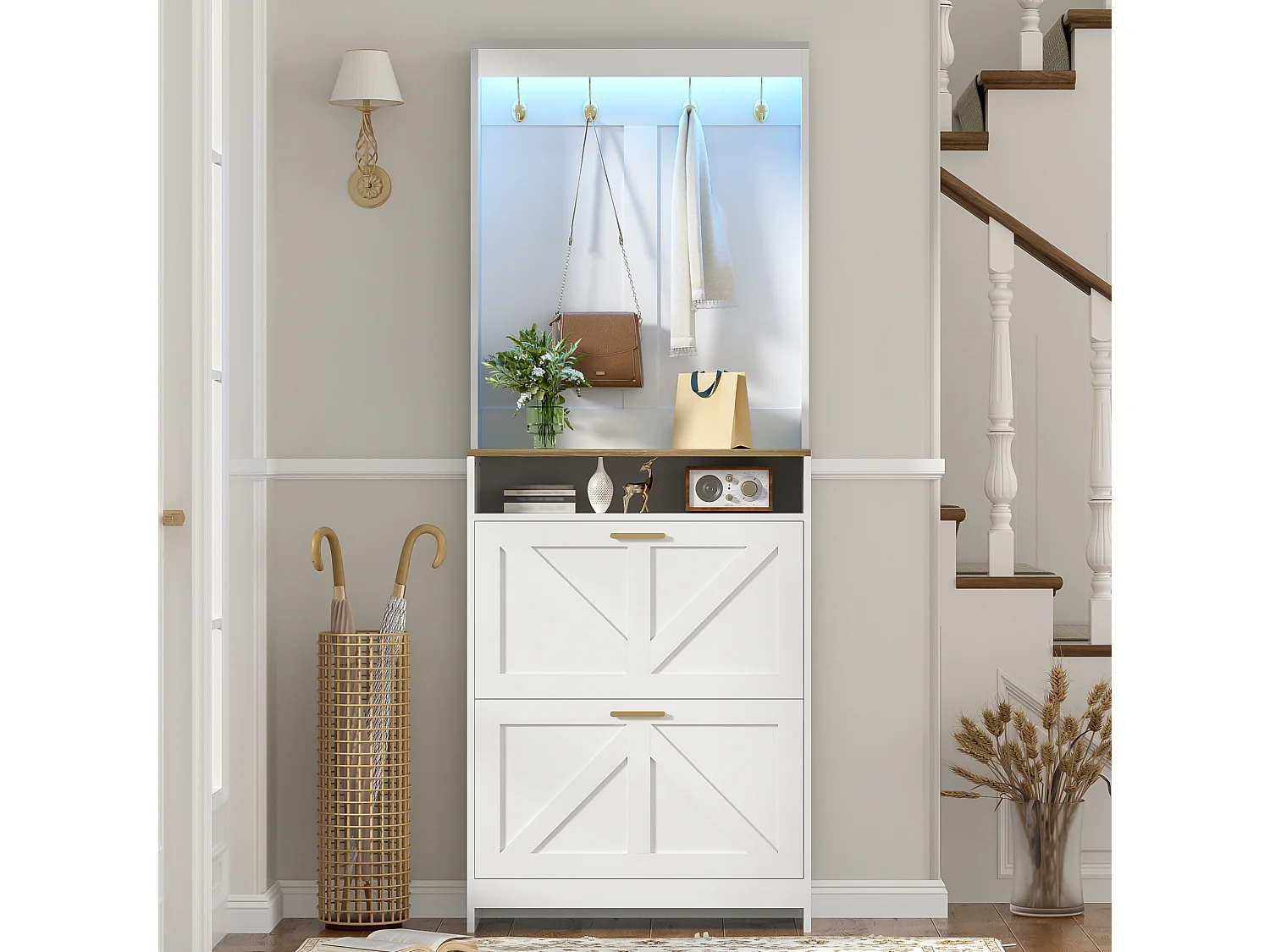 Meuble à chaussures étroit avec éclairage LED et 2 abattants – Blanc 70 x 24 x 180 cm