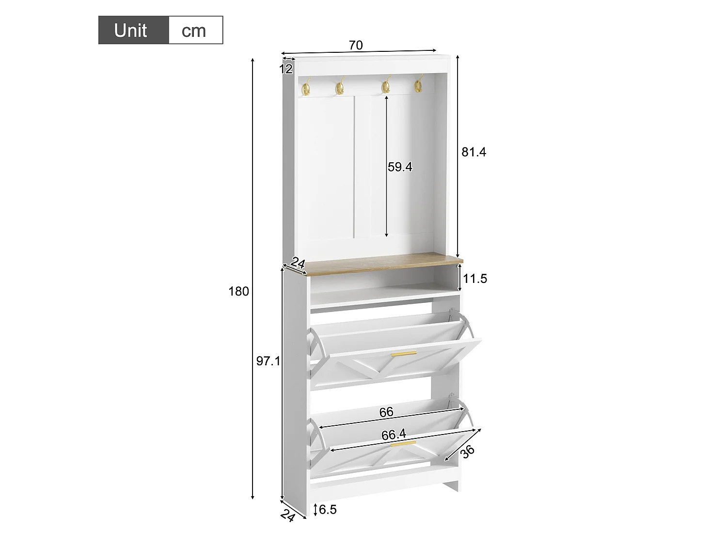 Meuble à chaussures étroit avec éclairage LED et 2 abattants – Blanc 70 x 24 x 180 cm