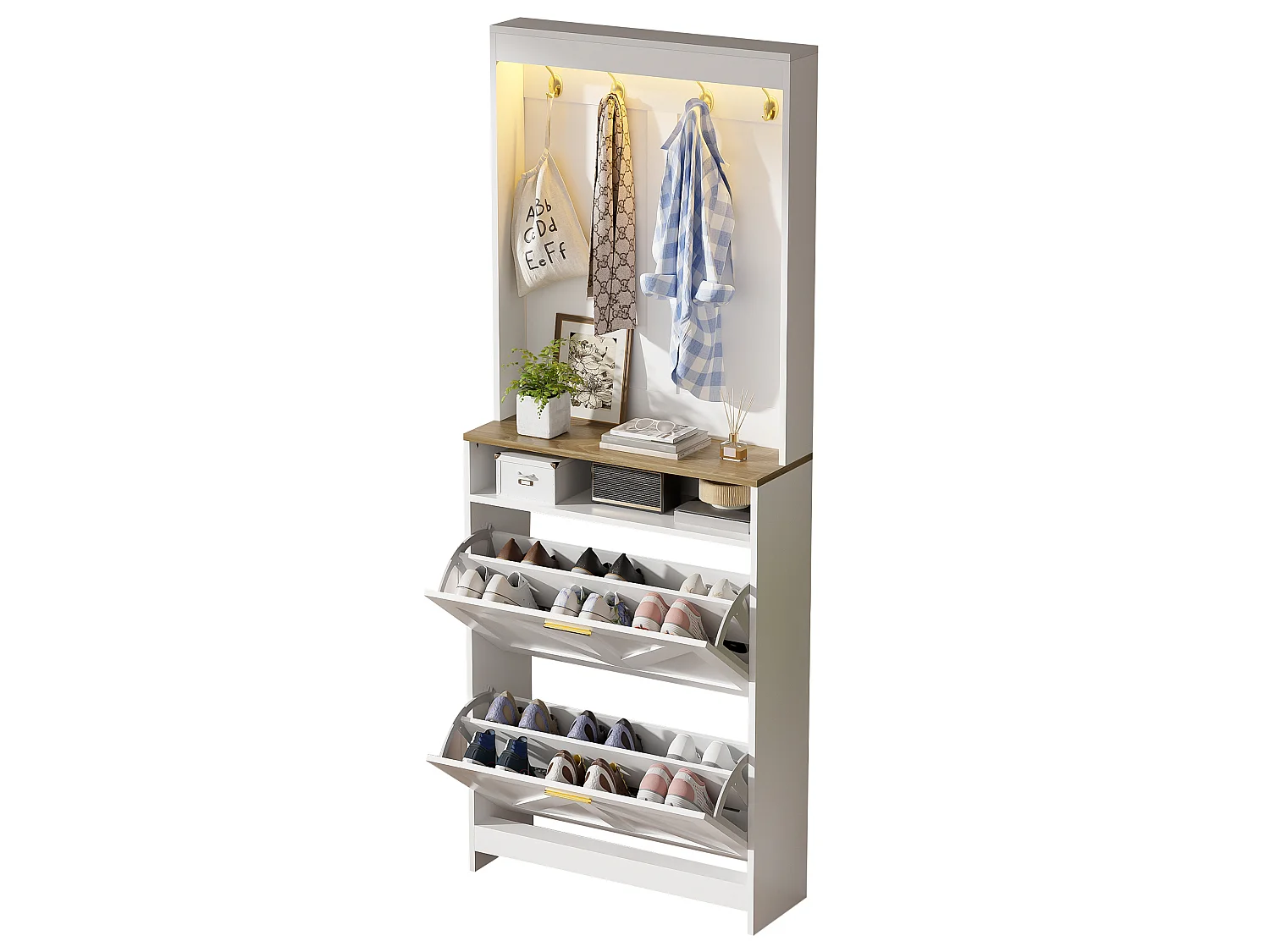 Meuble à chaussures étroit avec éclairage LED et 2 abattants – Blanc 70 x 24 x 180 cm