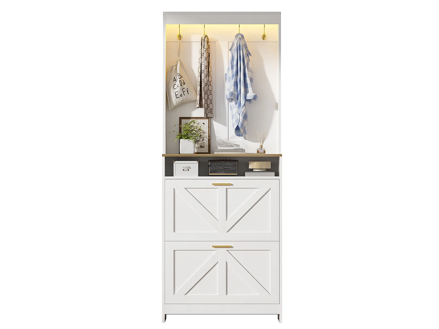 Meuble à chaussures étroit avec éclairage LED et 2 abattants – Blanc 70 x 24 x 180 cm