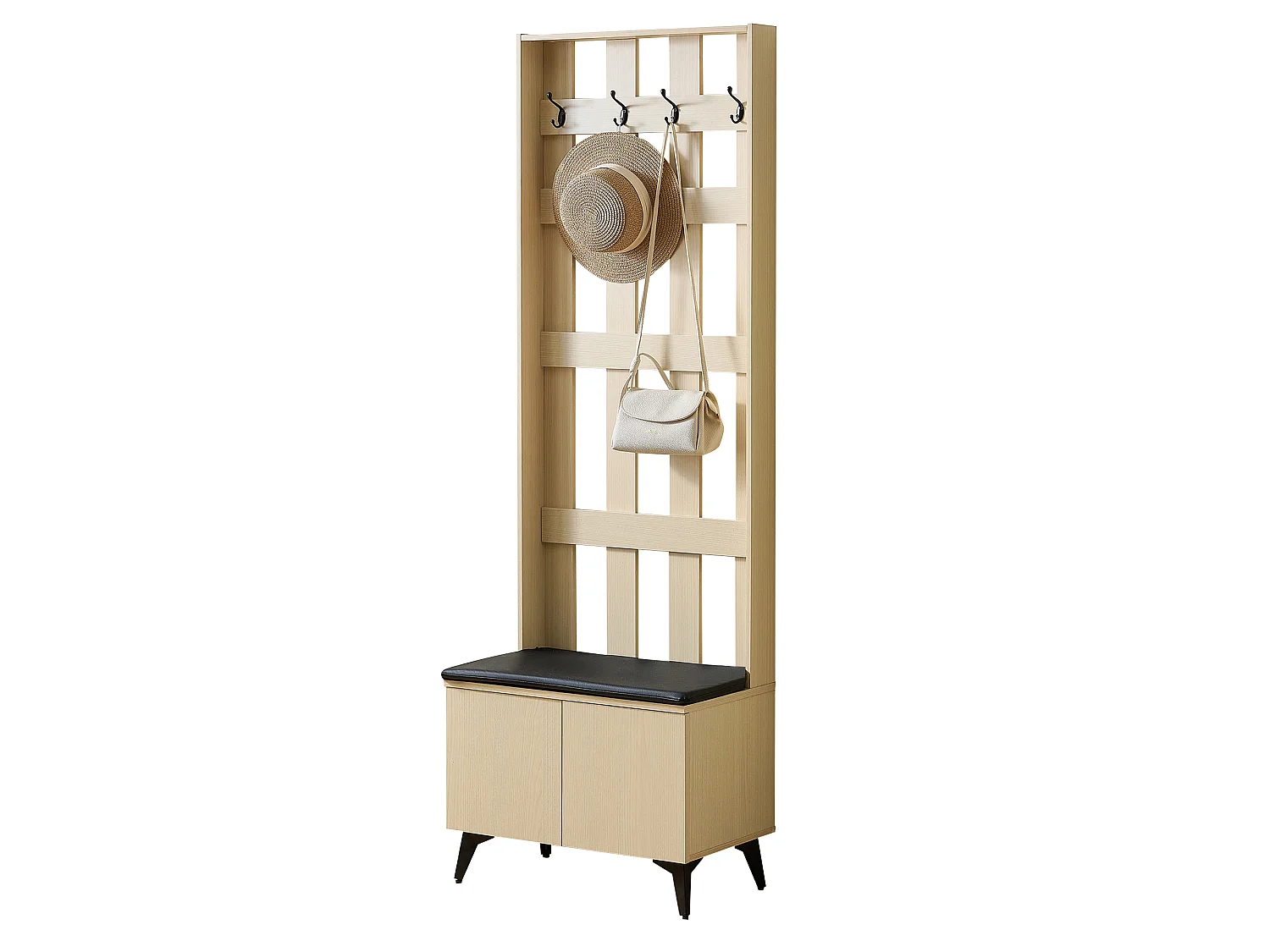 Shoe cabinet with padded bench, 4 hooks and shelves – 60 x 35 x 179.5 cm – MDF and steel – Light wood grain