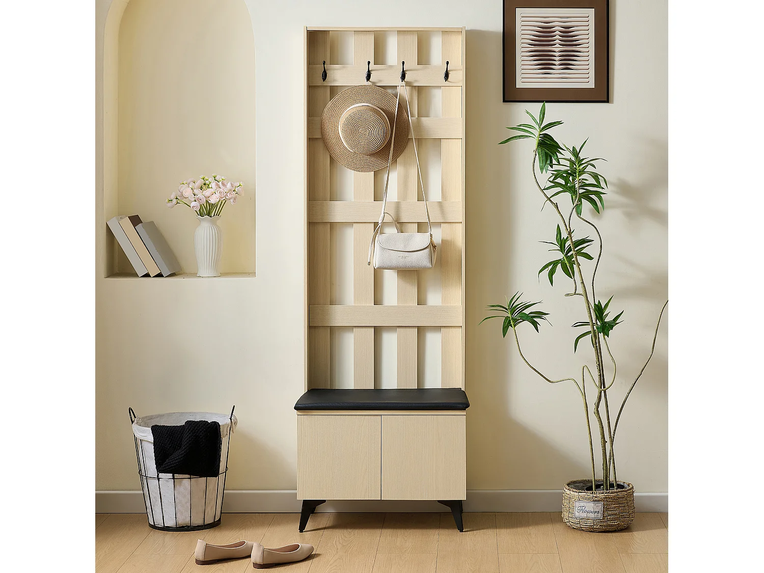 Shoe cabinet with padded bench, 4 hooks and shelves – 60 x 35 x 179.5 cm – MDF and steel – Light wood grain