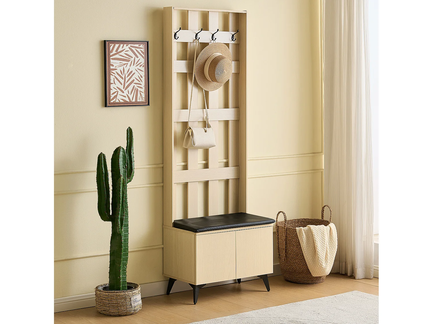 Shoe cabinet with padded bench, 4 hooks and shelves – 60 x 35 x 179.5 cm – MDF and steel – Light wood grain