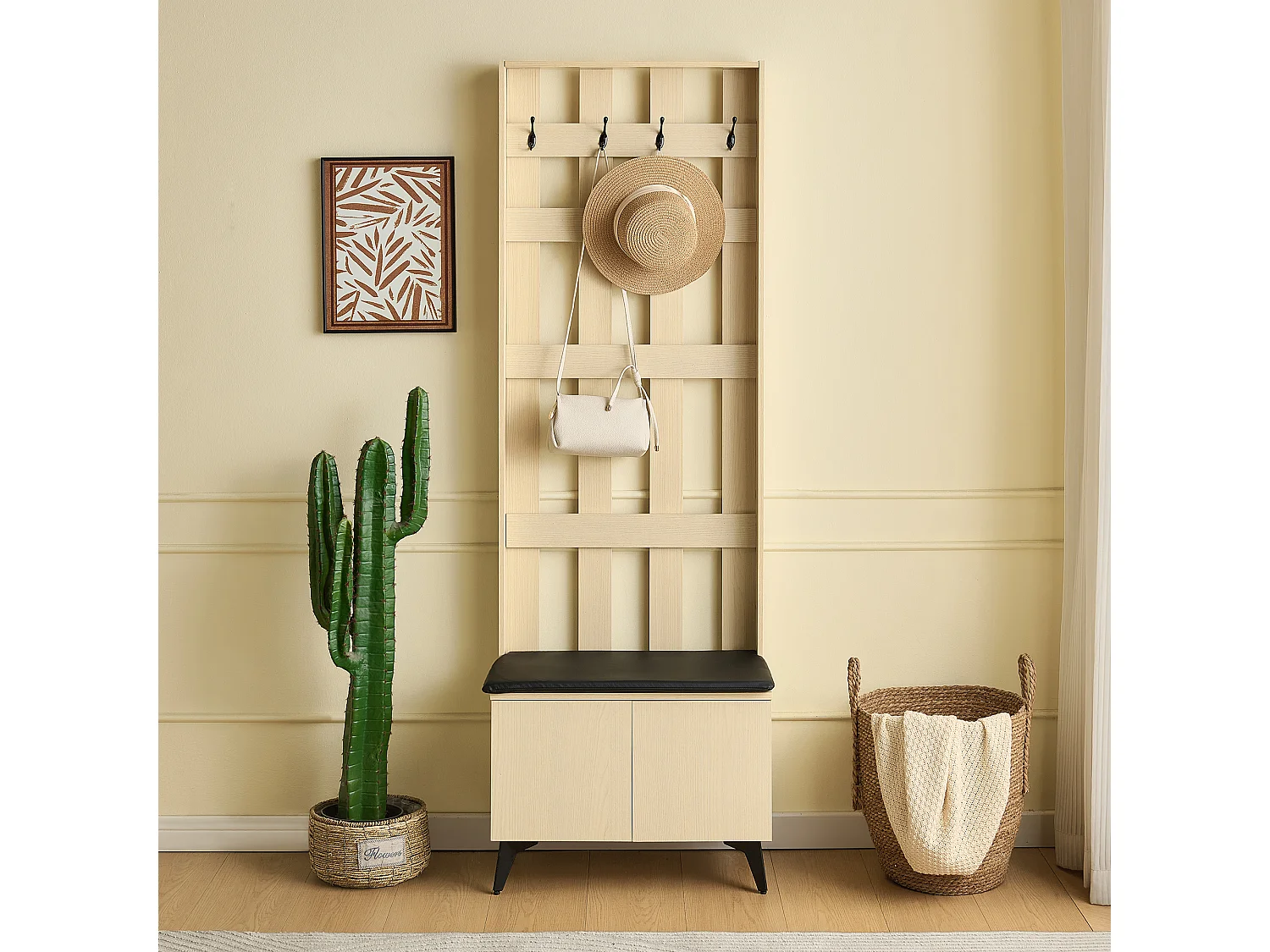 Shoe cabinet with padded bench, 4 hooks and shelves – 60 x 35 x 179.5 cm – MDF and steel – Light wood grain