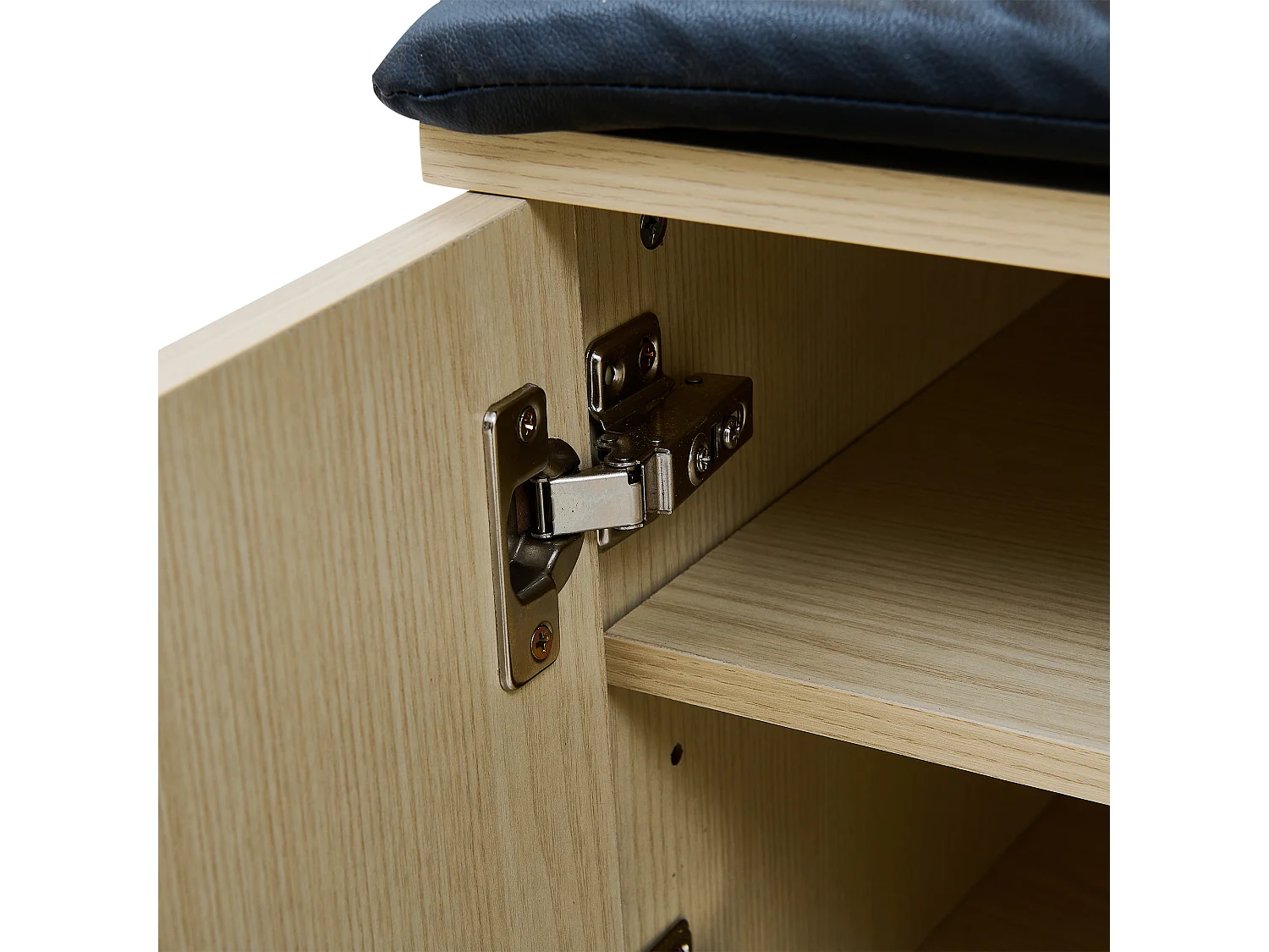 Shoe cabinet with padded bench, 4 hooks and shelves – 60 x 35 x 179.5 cm – MDF and steel – Light wood grain
