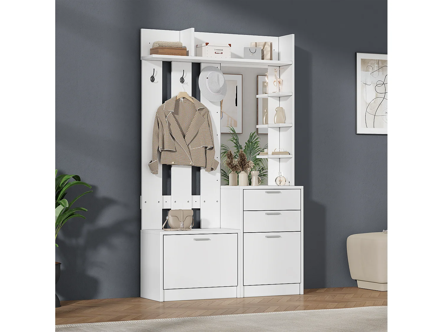 Meuble à chaussures avec miroir, 2 tiroirs, 2 portes rabattables et 3 crochets - MDF - 110 x 34 x 185 cm - Blanc