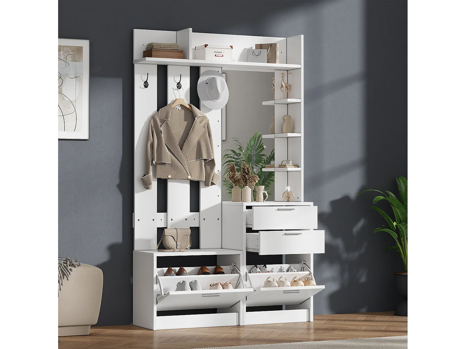 Meuble à chaussures avec miroir, 2 tiroirs, 2 portes rabattables et 3 crochets - MDF - 110 x 34 x 185 cm - Blanc