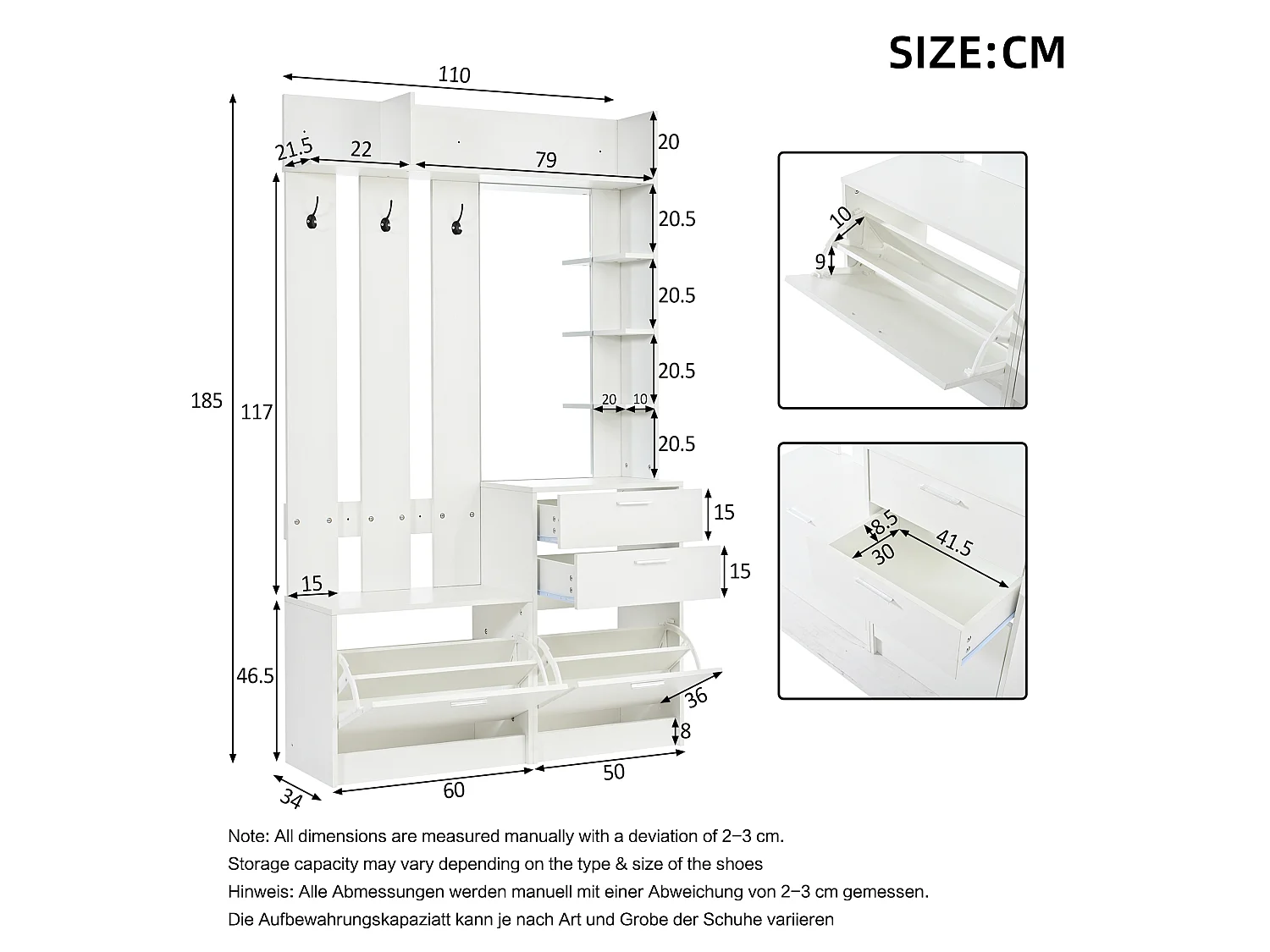 Meuble à chaussures avec miroir, 2 tiroirs, 2 portes rabattables et 3 crochets - MDF - 110 x 34 x 185 cm - Blanc