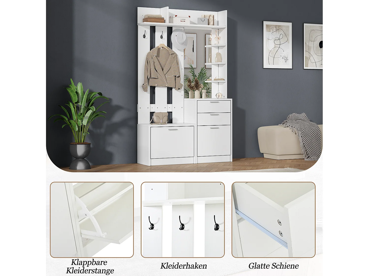 Meuble à chaussures avec miroir, 2 tiroirs, 2 portes rabattables et 3 crochets - MDF - 110 x 34 x 185 cm - Blanc