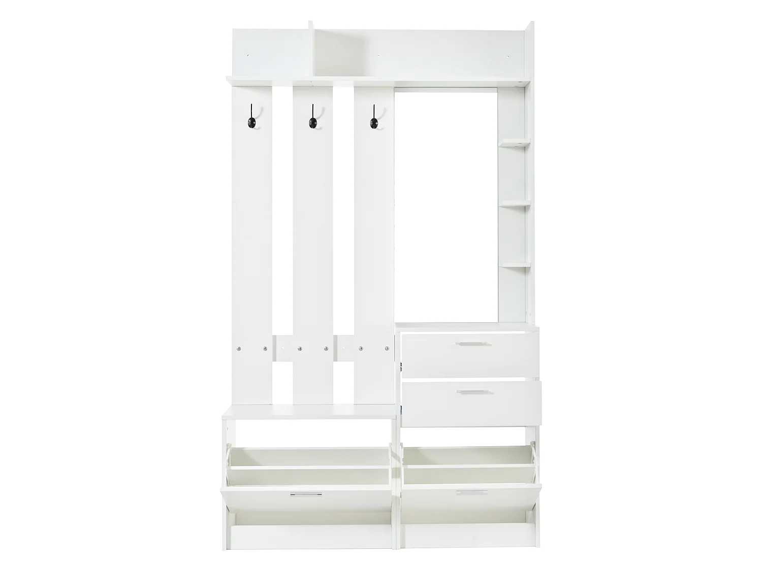 Meuble à chaussures avec miroir, 2 tiroirs, 2 portes rabattables et 3 crochets - MDF - 110 x 34 x 185 cm - Blanc