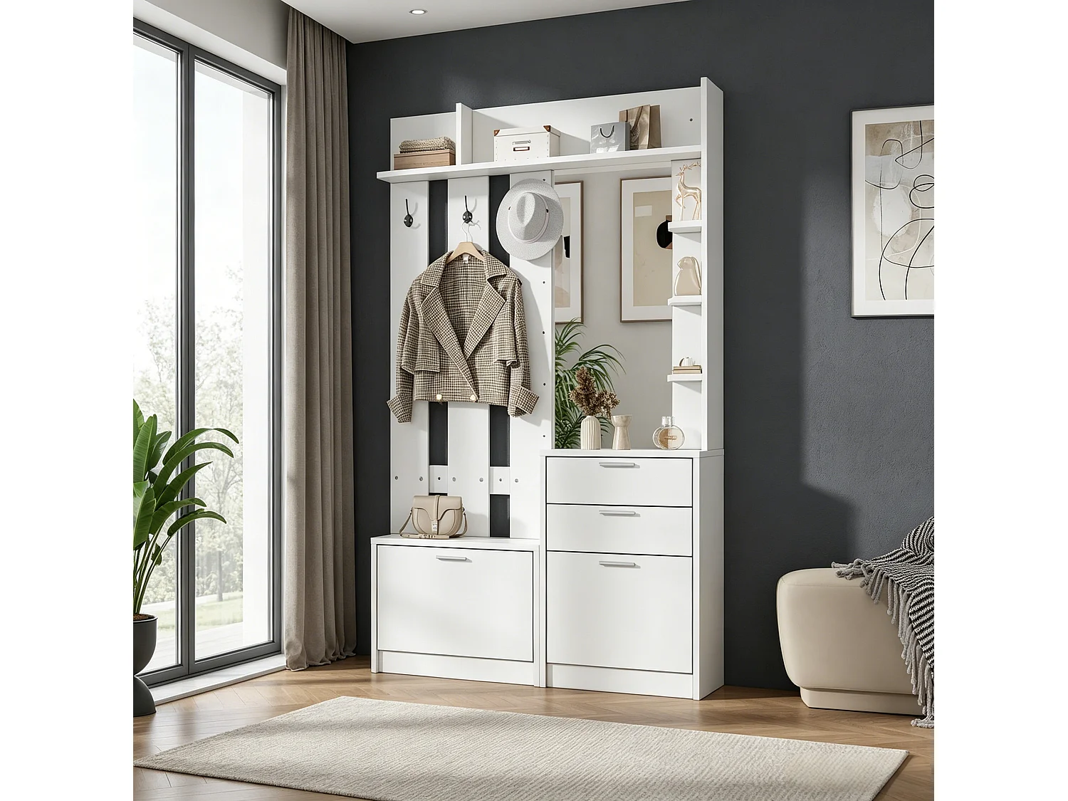 Meuble à chaussures avec miroir, 2 tiroirs, 2 portes rabattables et 3 crochets - MDF - 110 x 34 x 185 cm - Blanc