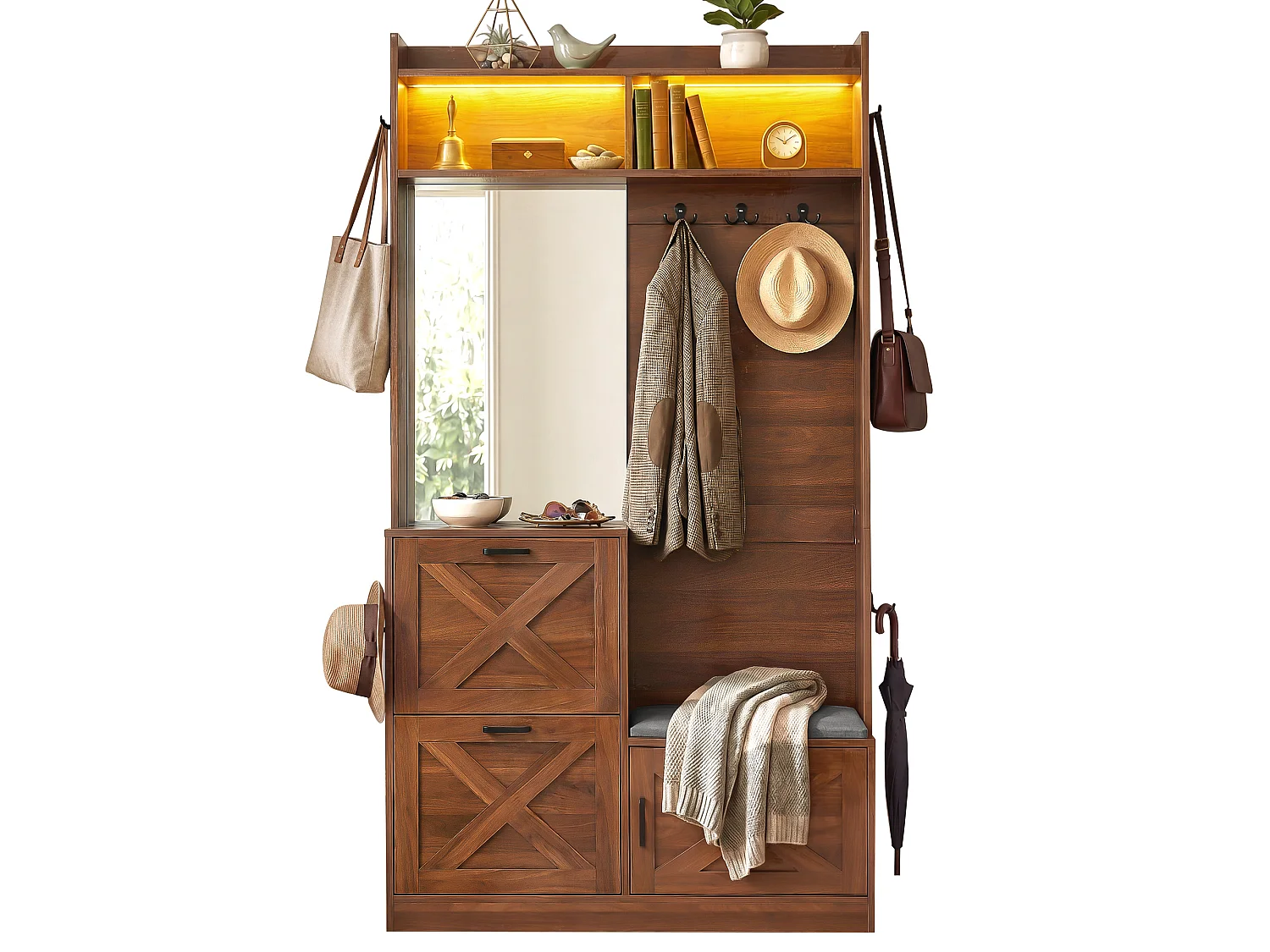 Shoe cabinet with mirror, bench, 2 drop-down doors, hooks and LED lighting – 100 x 25 x 180 cm – Particleboard and MDF – Walnut