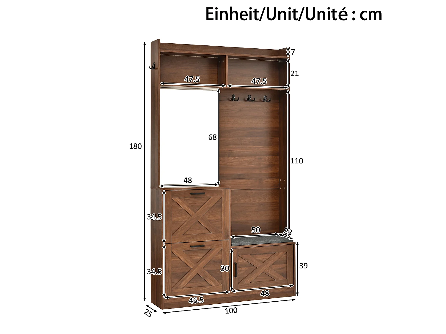 Shoe cabinet with mirror, bench, 2 drop-down doors, hooks and LED lighting – 100 x 25 x 180 cm – Particleboard and MDF – Walnut