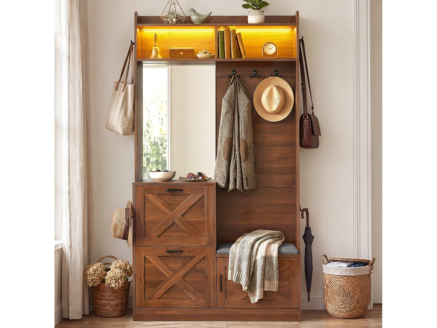 Shoe cabinet with mirror, bench, 2 drop-down doors, hooks and LED lighting – 100 x 25 x 180 cm – Particleboard and MDF – Walnut