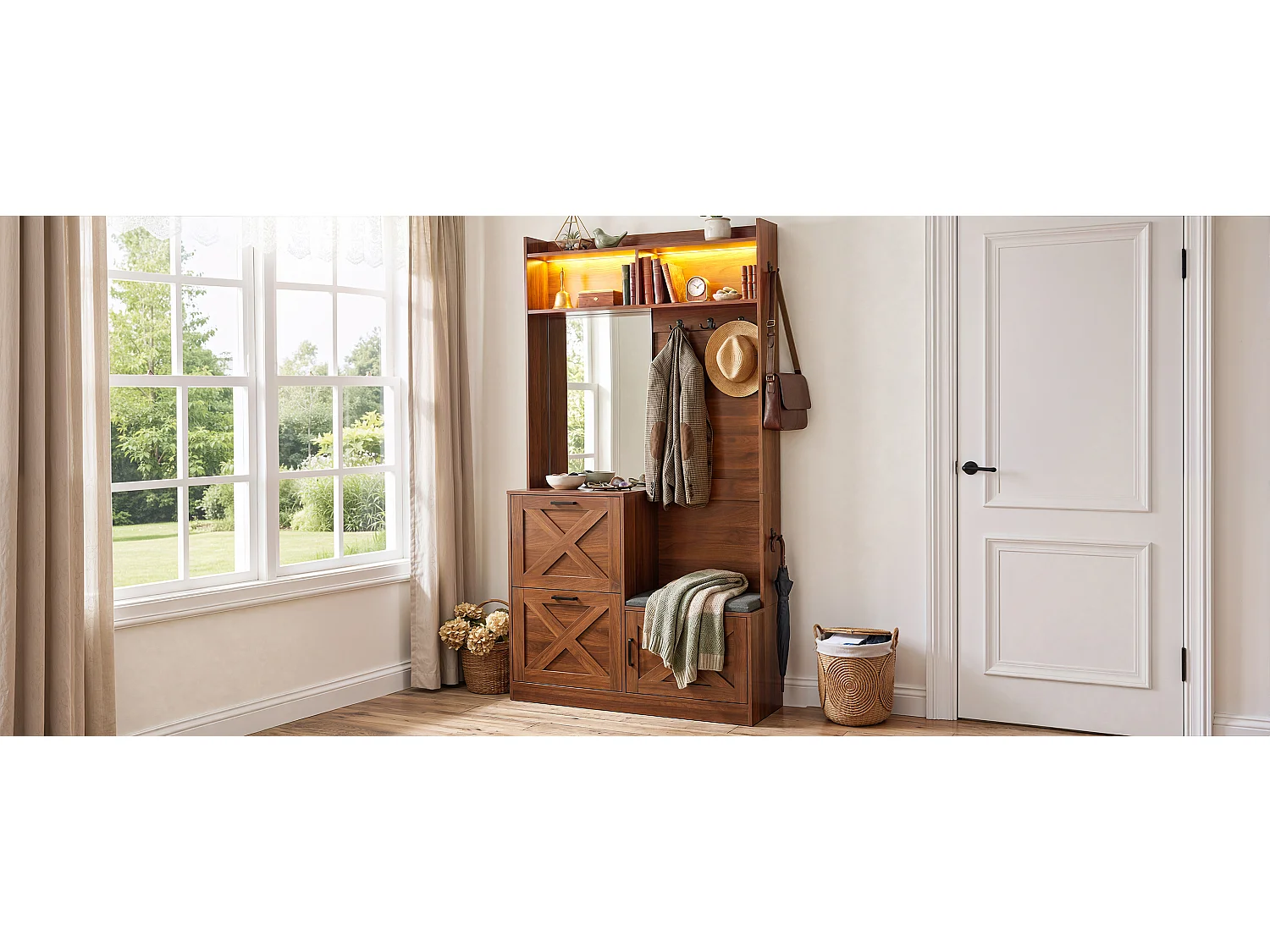 Shoe cabinet with mirror, bench, 2 drop-down doors, hooks and LED lighting – 100 x 25 x 180 cm – Particleboard and MDF – Walnut