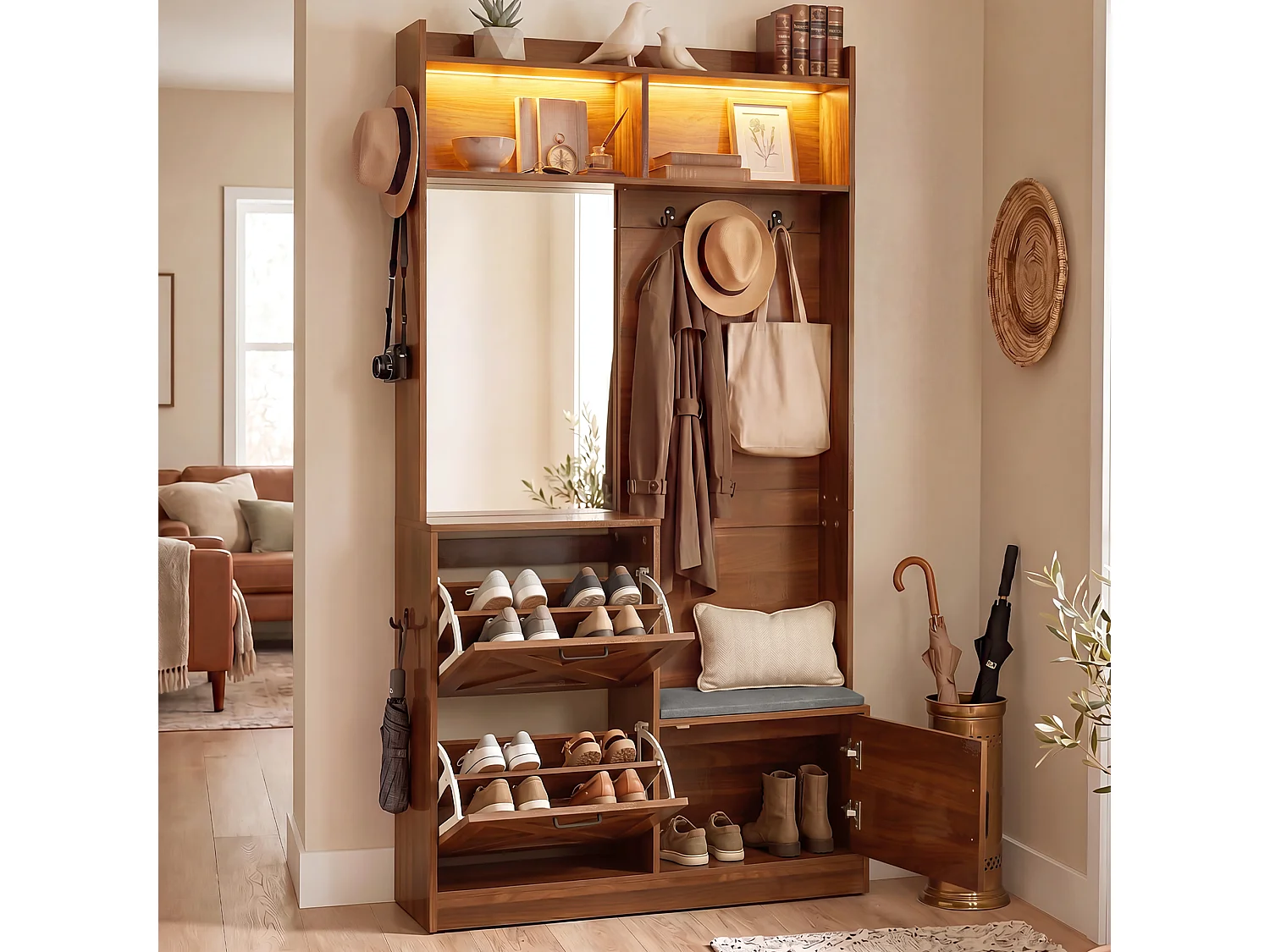 Shoe cabinet with mirror, bench, 2 drop-down doors, hooks and LED lighting – 100 x 25 x 180 cm – Particleboard and MDF – Walnut