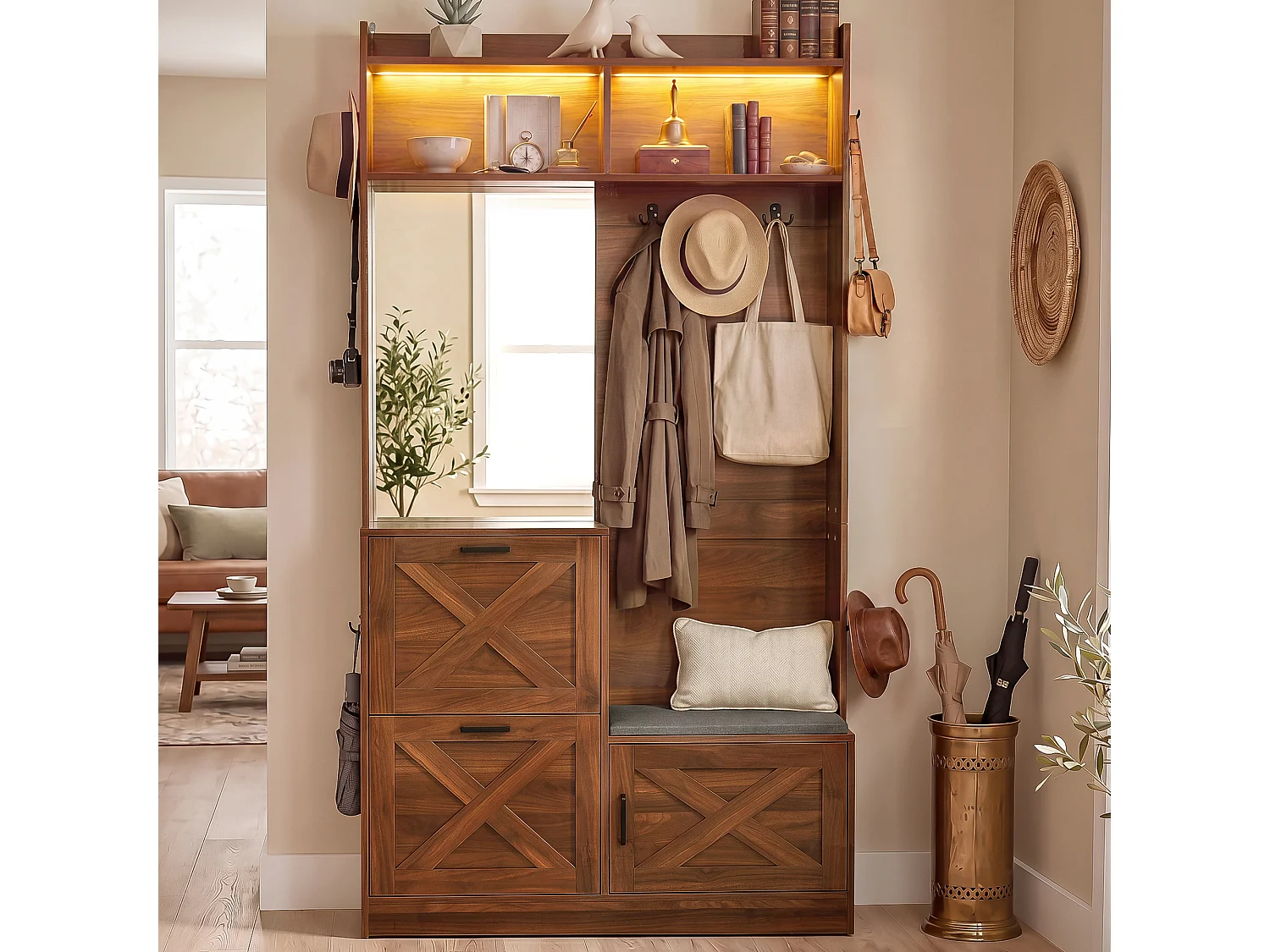Shoe cabinet with mirror, bench, 2 drop-down doors, hooks and LED lighting – 100 x 25 x 180 cm – Particleboard and MDF – Walnut
