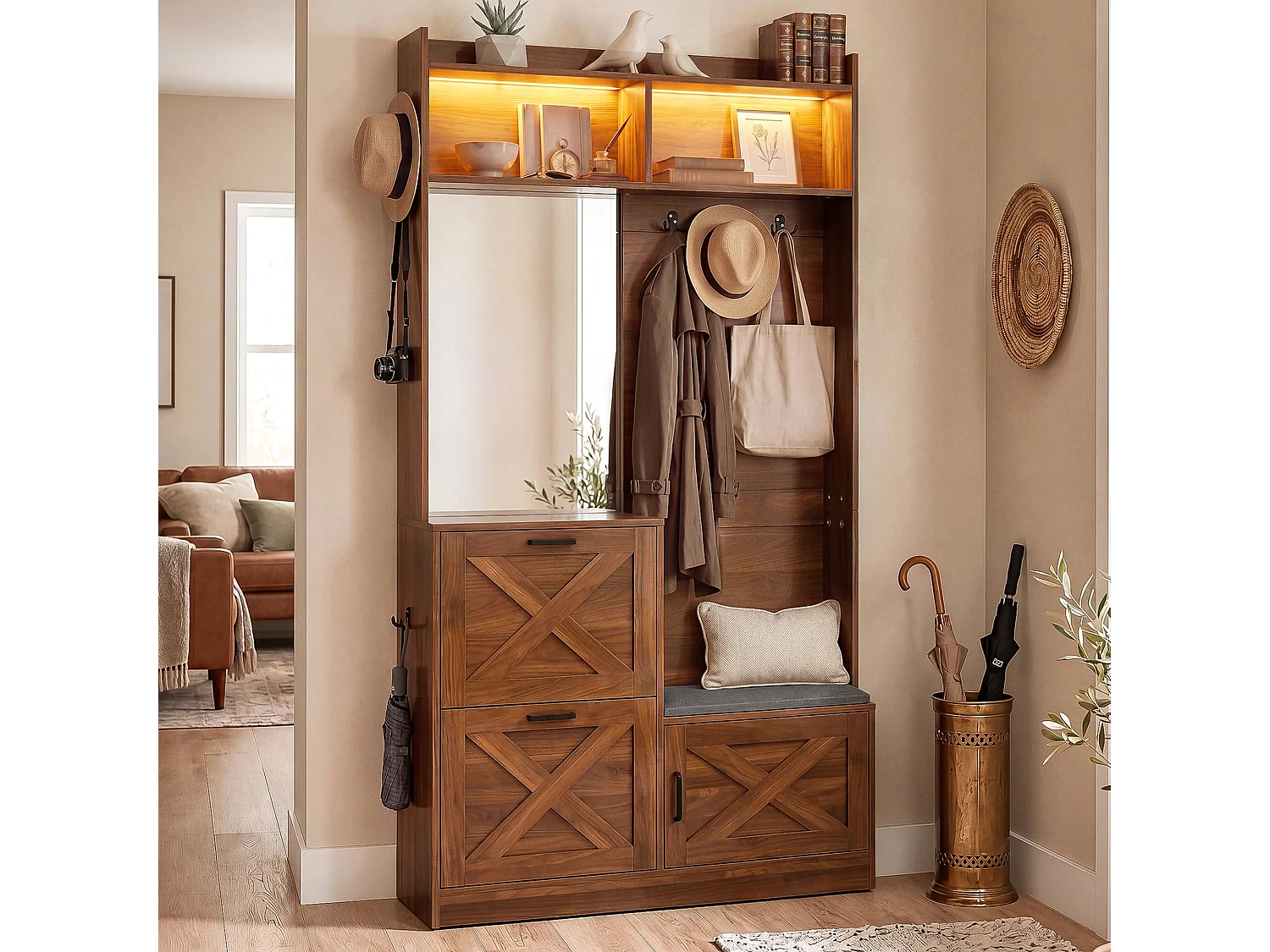 Shoe cabinet with mirror, bench, 2 drop-down doors, hooks and LED lighting – 100 x 25 x 180 cm – Particleboard and MDF – Walnut