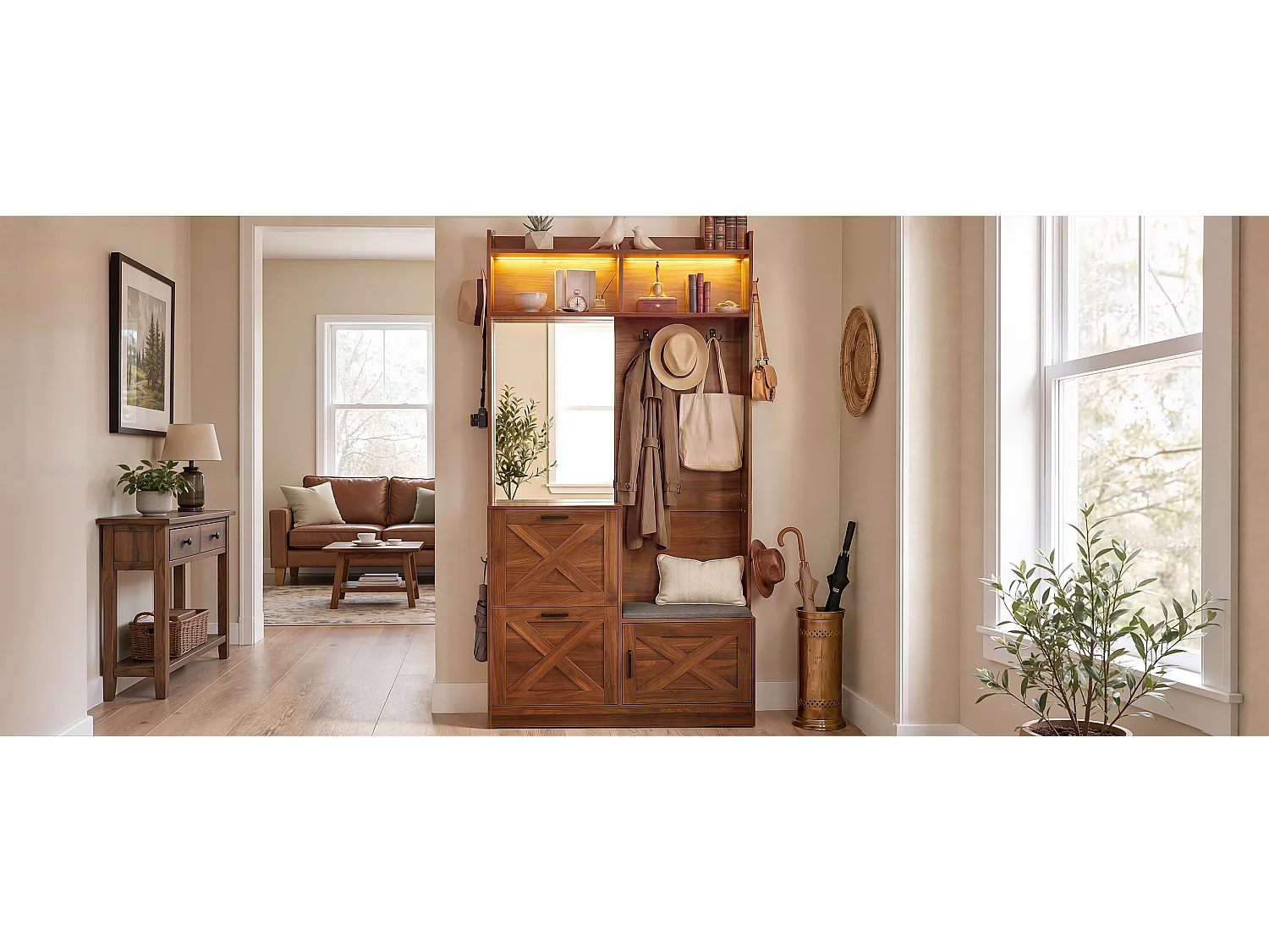 Shoe cabinet with mirror, bench, 2 drop-down doors, hooks and LED lighting – 100 x 25 x 180 cm – Particleboard and MDF – Walnut
