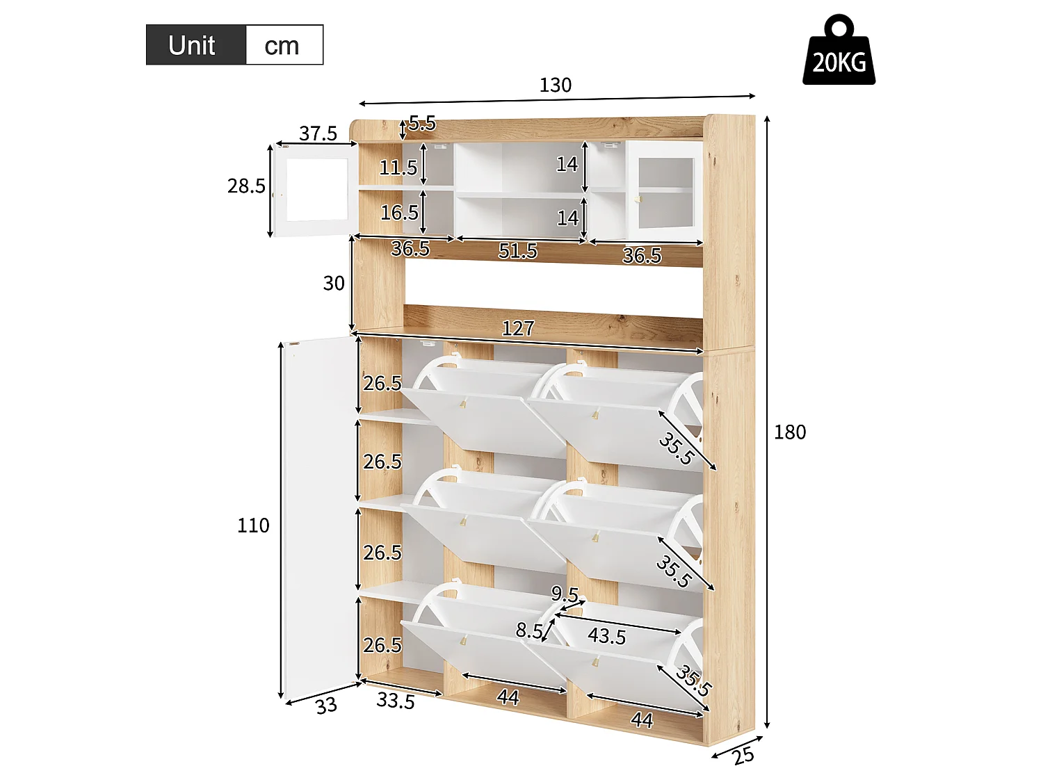 Meuble à chaussures avec LED et 6 portes abattantes - Blanc et bois 130 x 25 x 180 cm