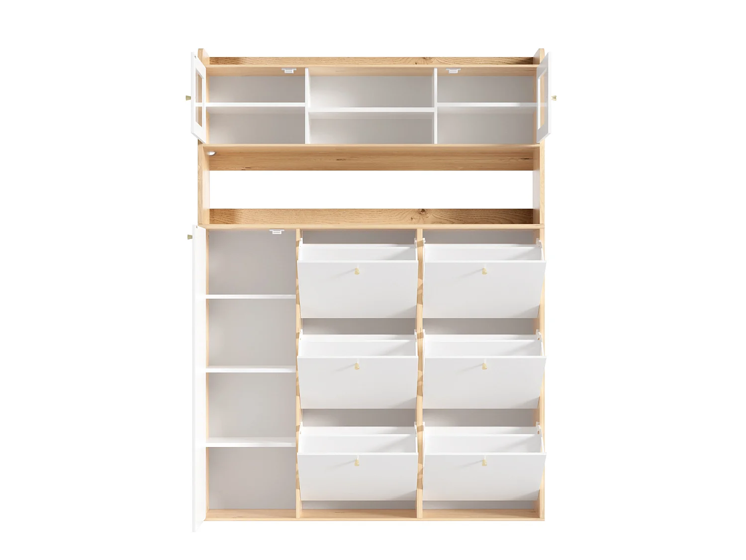 Meuble à chaussures avec LED et 6 portes abattantes - Blanc et bois 130 x 25 x 180 cm