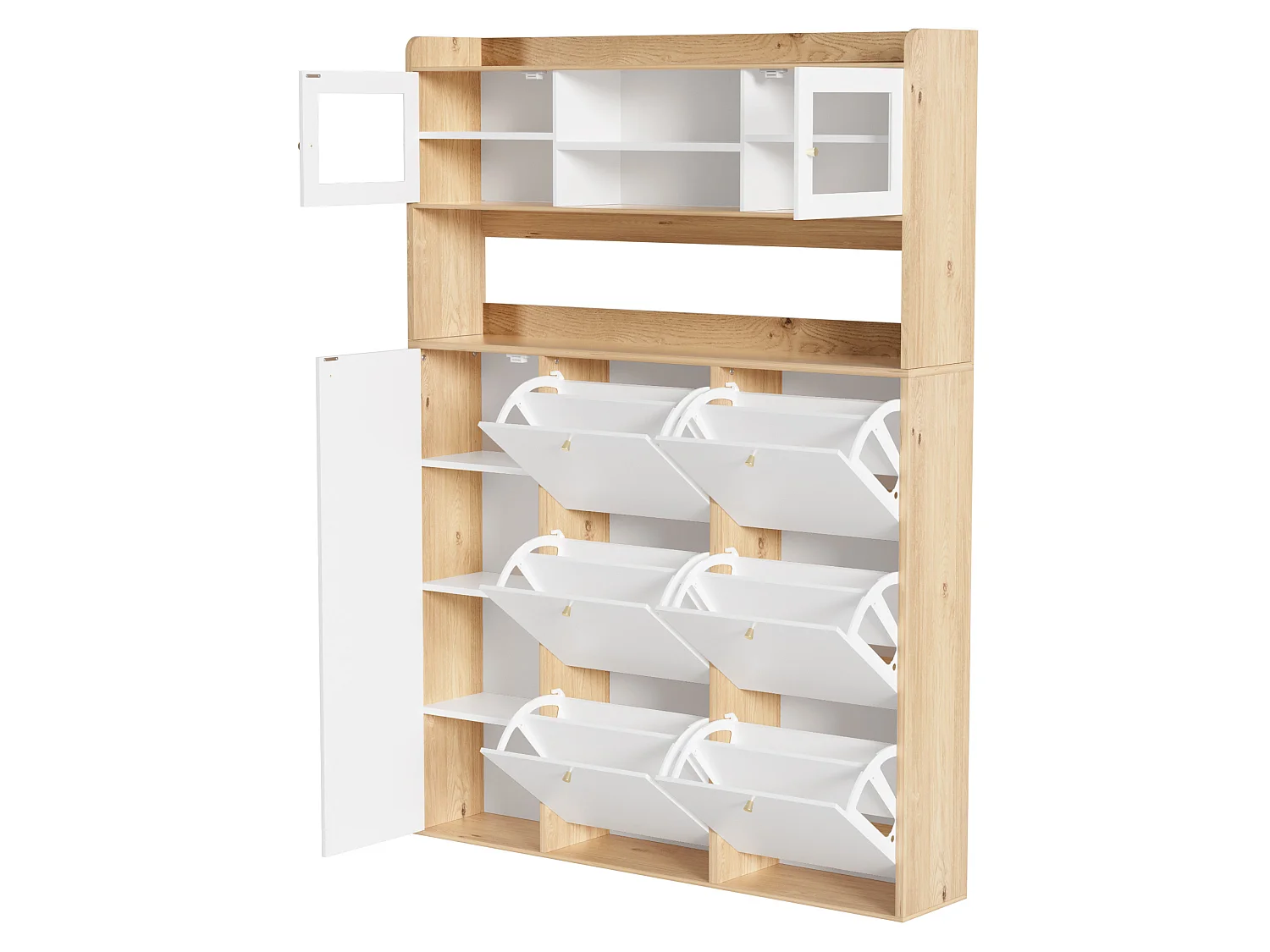 Meuble à chaussures avec LED et 6 portes abattantes - Blanc et bois 130 x 25 x 180 cm
