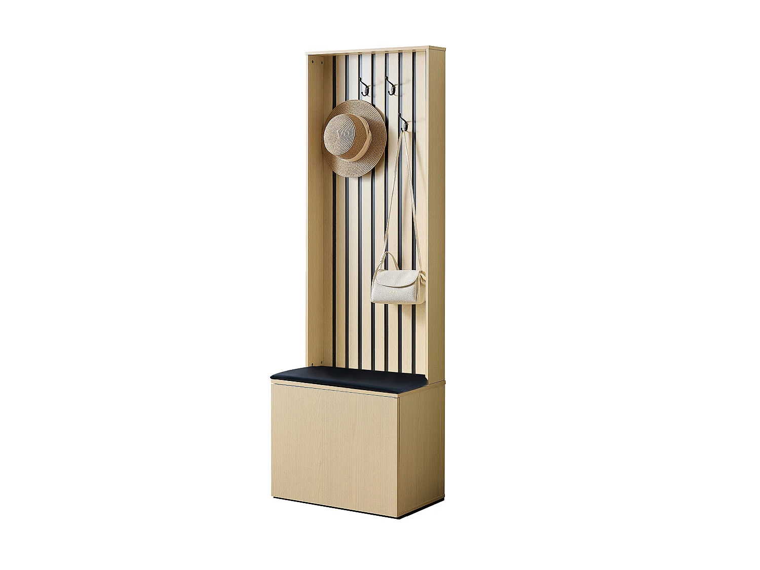 Shoe cabinet with padded bench, storage chest and shelves – 61 x 35 x 179.5 cm – MDF – Natural wood