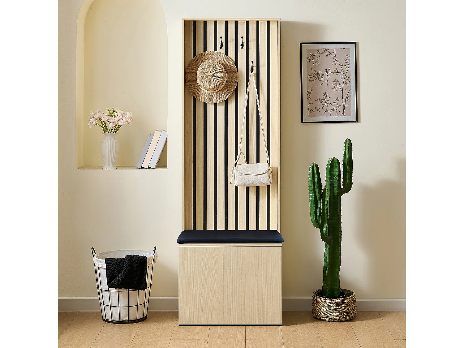 Shoe cabinet with padded bench, storage chest and shelves – 61 x 35 x 179.5 cm – MDF – Natural wood