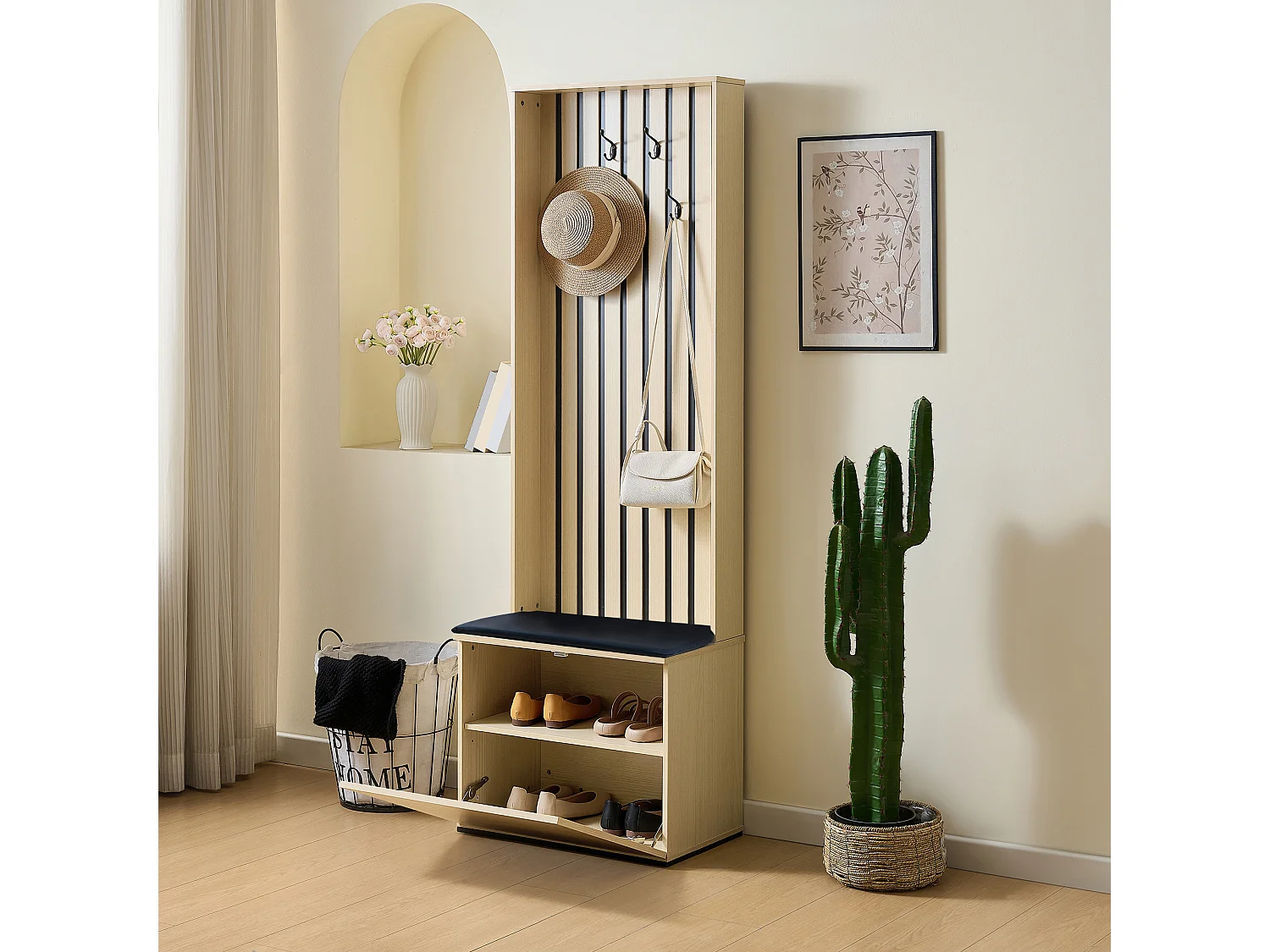 Shoe cabinet with padded bench, storage chest and shelves – 61 x 35 x 179.5 cm – MDF – Natural wood