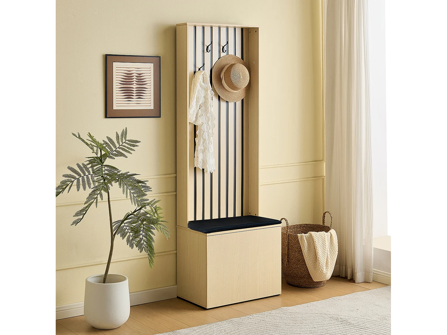 Shoe cabinet with padded bench, storage chest and shelves – 61 x 35 x 179.5 cm – MDF – Natural wood