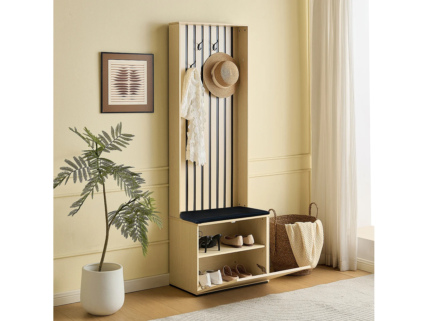 Shoe cabinet with padded bench, storage chest and shelves – 61 x 35 x 179.5 cm – MDF – Natural wood