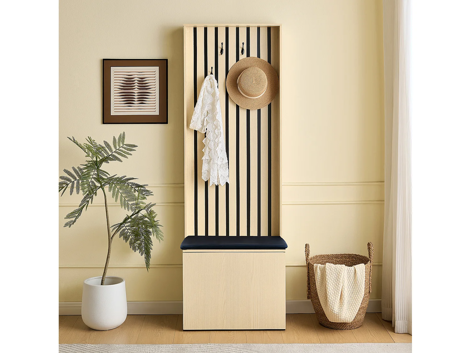 Shoe cabinet with padded bench, storage chest and shelves – 61 x 35 x 179.5 cm – MDF – Natural wood