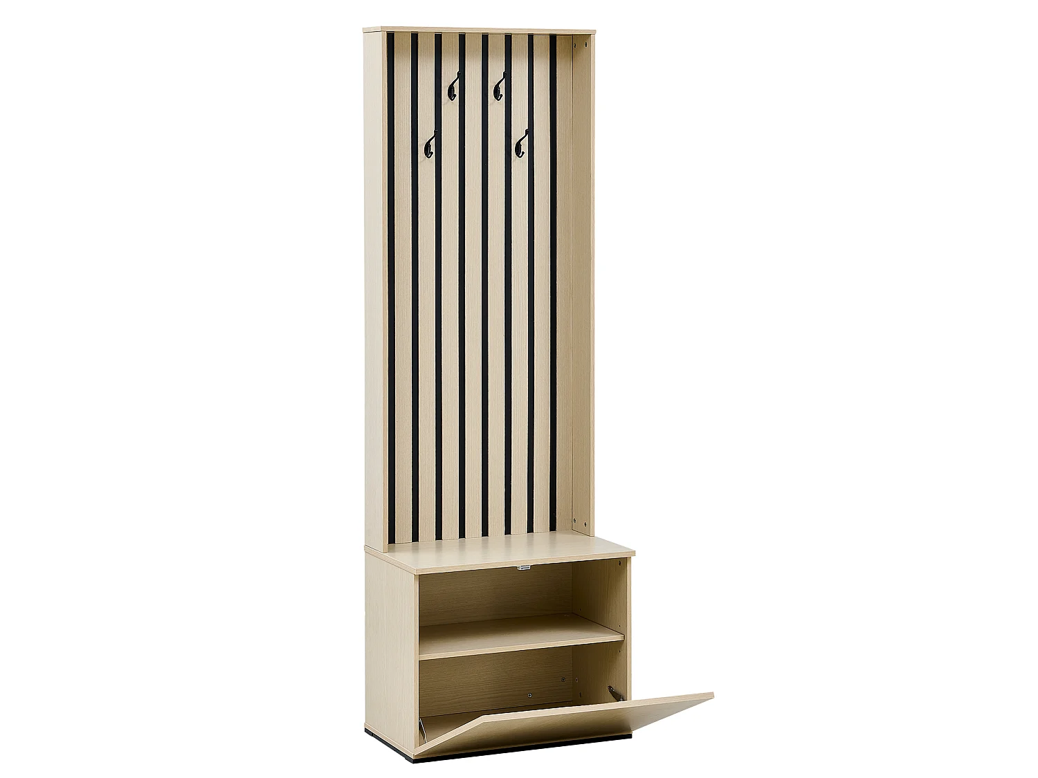 Shoe cabinet with padded bench, storage chest and shelves – 61 x 35 x 179.5 cm – MDF – Natural wood