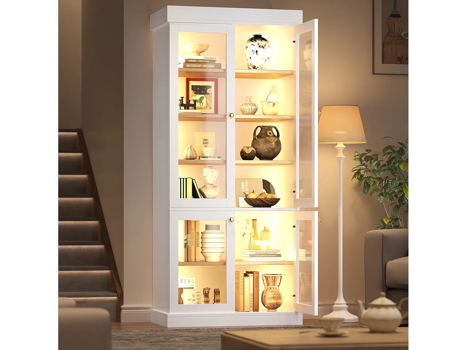 LED-Vitrinenschrank mit 4 Glastüren, Ablagefächern und Kippsicherung – MDF und Metall – 80 × 40 × 180 cm – Weiß