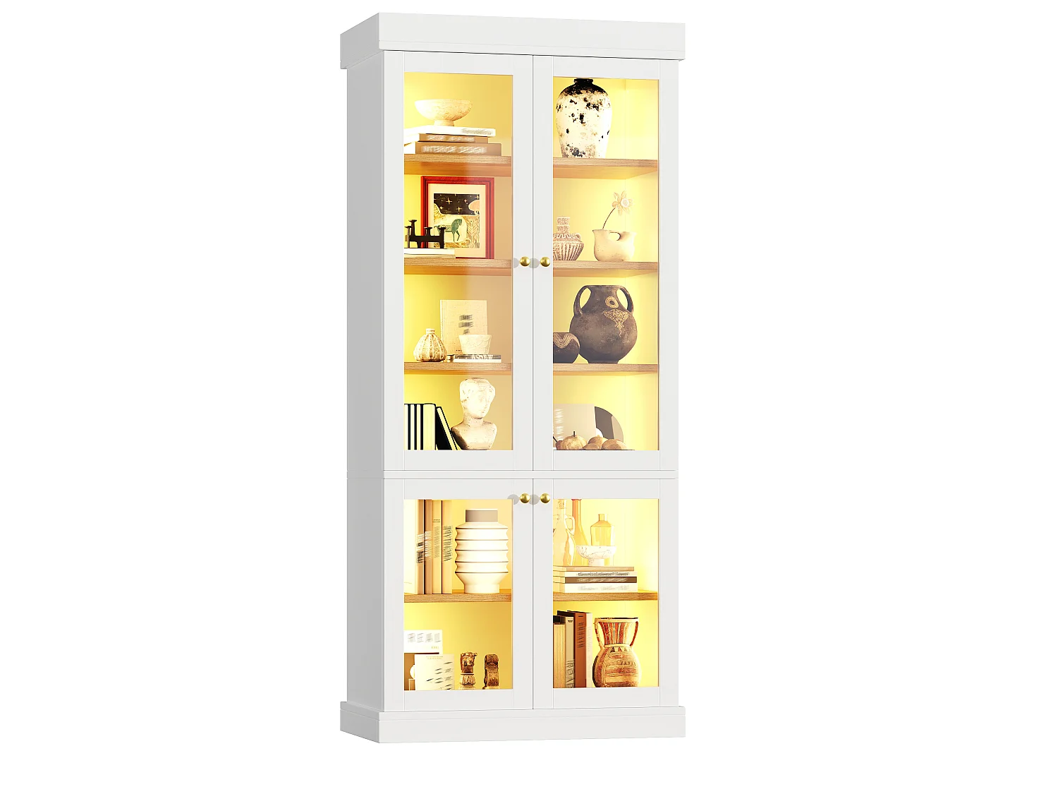 LED-Vitrinenschrank mit 4 Glastüren, Ablagefächern und Kippsicherung – MDF und Metall – 80 × 40 × 180 cm – Weiß